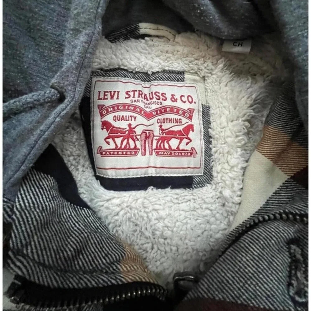 Levi Strauss & Co Hooded Flannel Jacket‎ Plaid Sherpa Lined Navy Orange Small